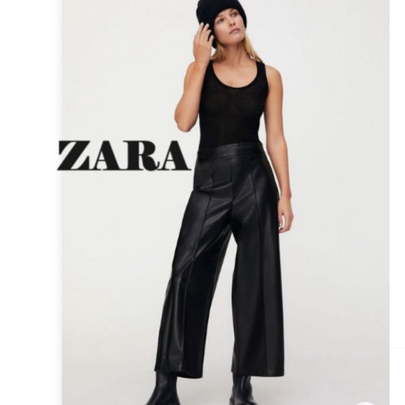 NWT ZARA Faux Leather Black Culottes Pants - Picture 1 of 8